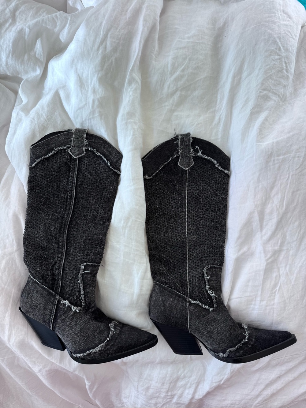 Women’s ZARA Black Distressed denim crystal Western Cowboy Boots
